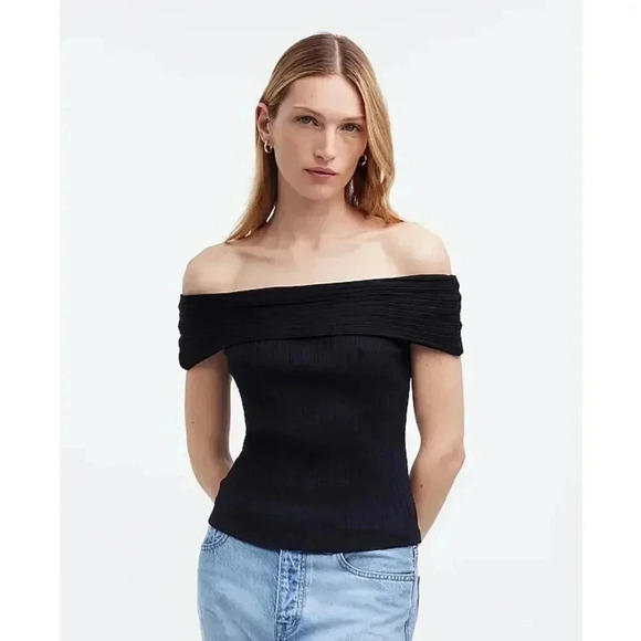 NEW Madewell Women’s XXS True Black‎ Ribbed Off-the-Shoulder Top NWT - Picture 1 of 8